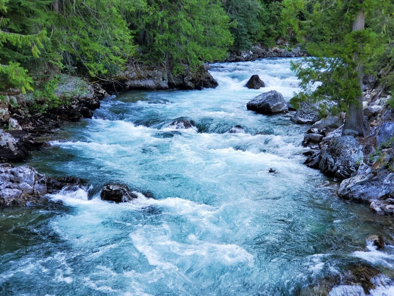 Current breaking around rocks in a river